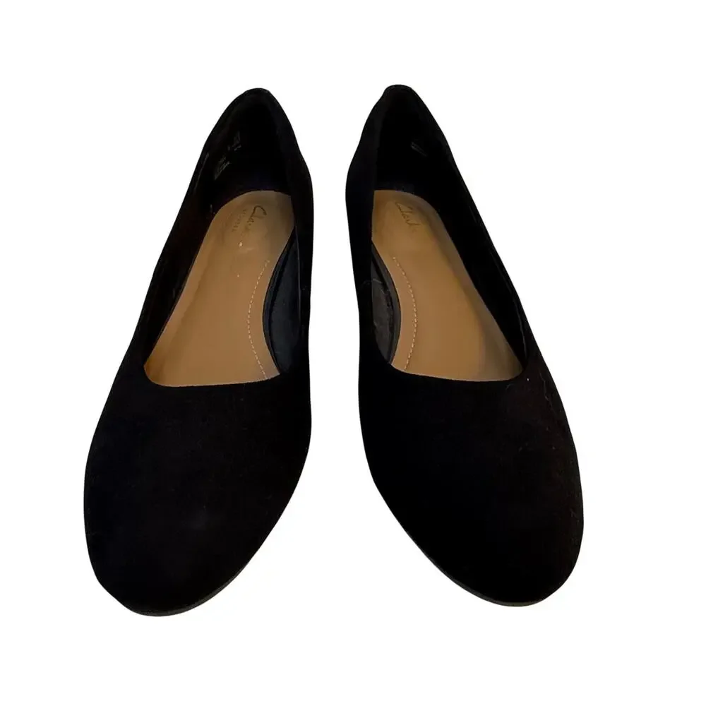 Clarks Artisan Black Suede Wedge Pumps Sz 9M - Picture 1 of 9
